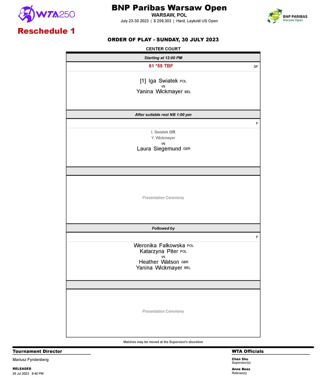 Order of play for #BNPParibasWarsawOpen final Sunday.

<a href="/WTA/">wta</a> 
<a href="/BNPParibasPL/">BNPParibas</a> 
<a href="/warszawa/">Warszawa</a>