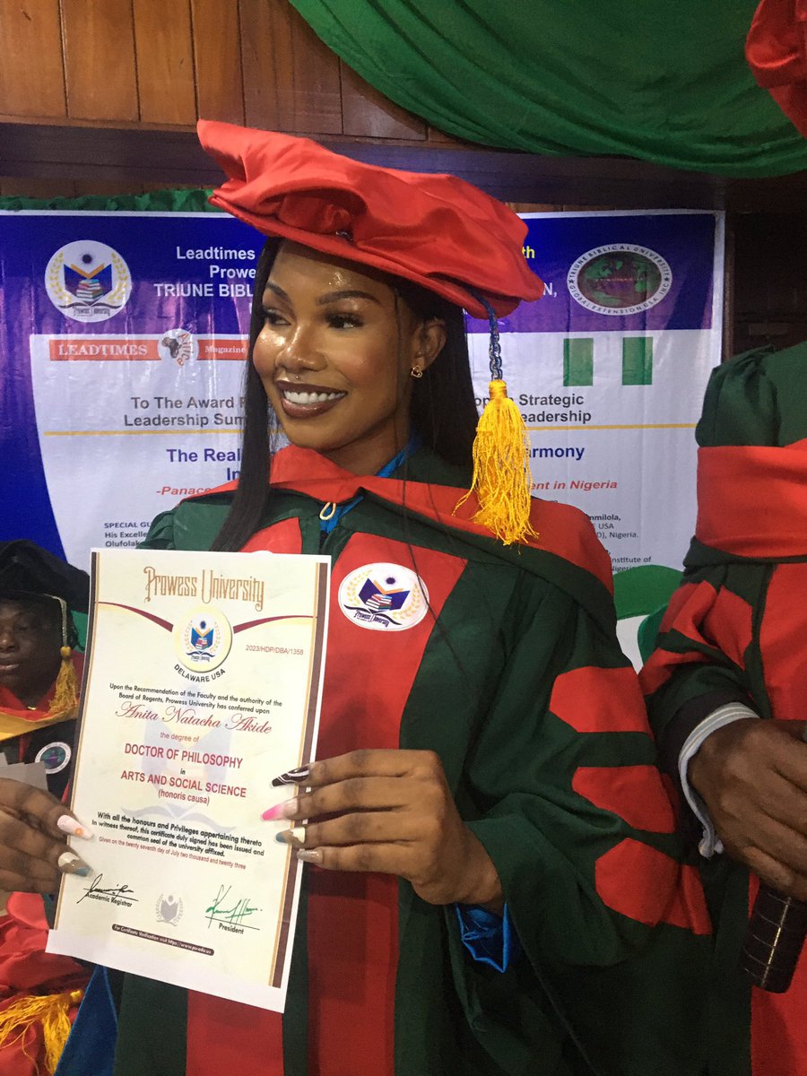 RanksAfrica's tweet photo. Congratulations to Tacha on her remarkable achievement of earning a Doctor of Philosophy in Art and Social Science (honoris causa). Tacha's accomplishment serves as an inspiration to others, showcasing the rewards of hard work, perseverance, and intellectual curiosity. https://t.co/Vl8jQk8Bgz