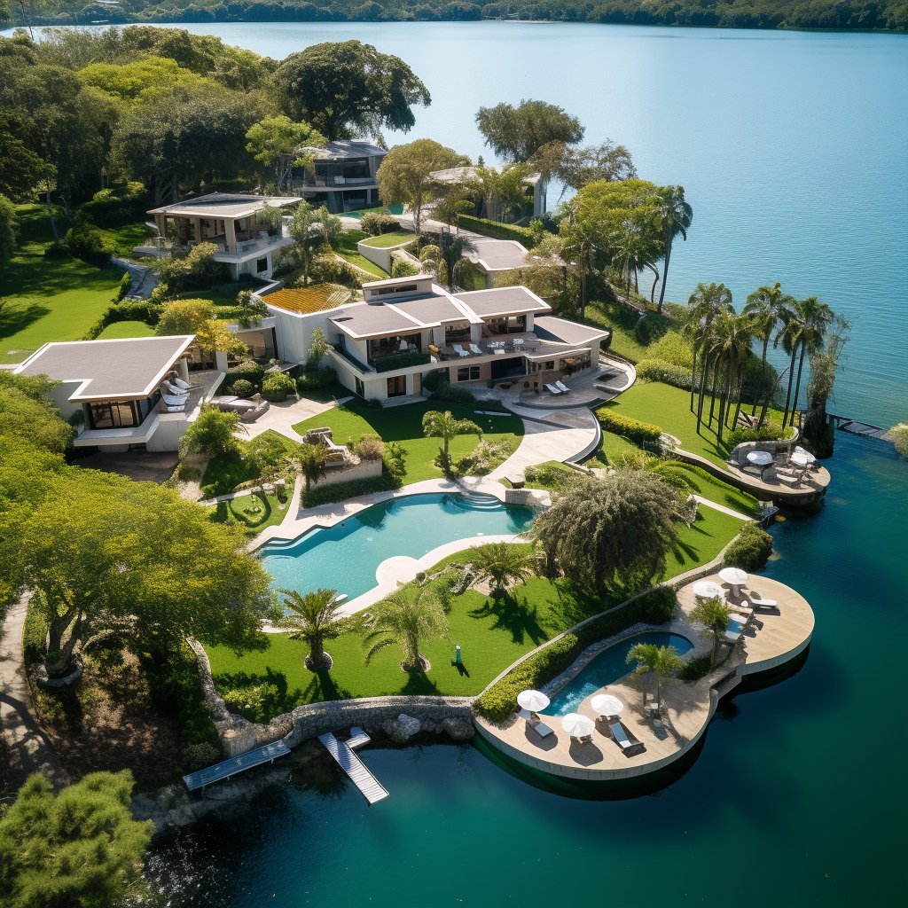 How much would it cost to build this compound strictly off an eyeball test?

Let's say it's in rural SC so the land is cheap even though its waterfront.

I'm talking all in= the buildings, landscaping, pool, decorations/furniture...