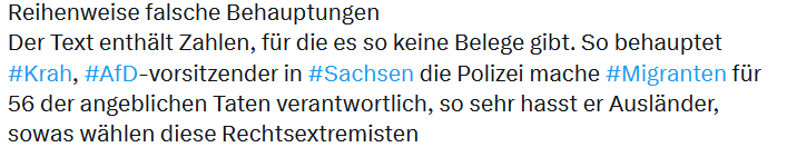 Die Polizei widerspricht
Statt 60 Vergewaltigungen waren es 14. Dabei wurden NICHT "56 #Migranten" als Täter ermittelt, sondern lediglich 3Pers. nichtdeutscher Herkunft. In Wahrheit werden Vergewaltigungen in  Chemnitz also zum ganz großen Teil von DEUTSCHEN begangen.
DRECKS AfD