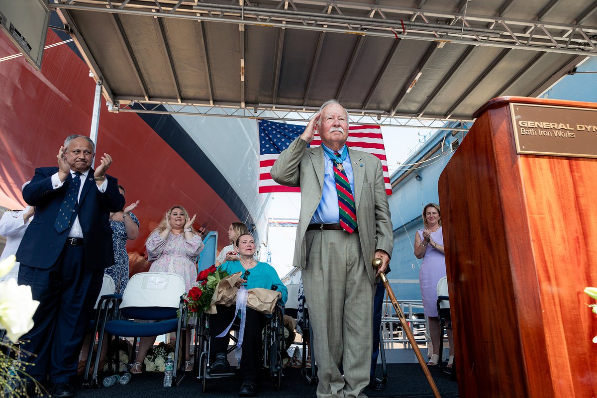 GDBIW's tweet photo. Today the future USS Harvey C. Barnum, Jr. (DDG 124) was christened on our drydock. Attending was the ship’s namesake, Medal of Honor recipient Col. Harvey Barnum, Jr. His wife &amp; ship’s sponsor, Martha Hill, performed the bottle break. We proclaimed the ship’s motto: CHARGE ON! https://t.co/hUq942fVnQ