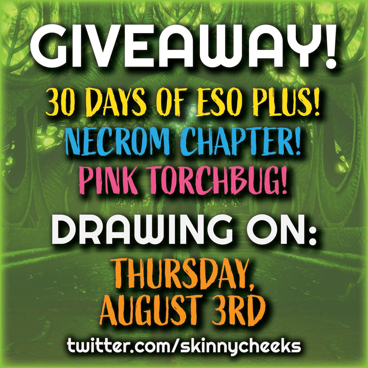 skinnycheeks's tweet photo. #ESO Giveaways - All Platforms! 🥳🥳🥳

Choose 1:

✔️ 30 Days of ESO+ w/ 1650 Crowns (PC)
✔️ Necrom - incl all previous chapters (ALL)
✔️ Pink Torchbug Pet (ALL)

Like, Retweet, &amp; Follow to enter!

Leave a comment with your platform+choice &amp; I'll draw 3 winners on Thursday! https://t.co/4LbuRvZg5P