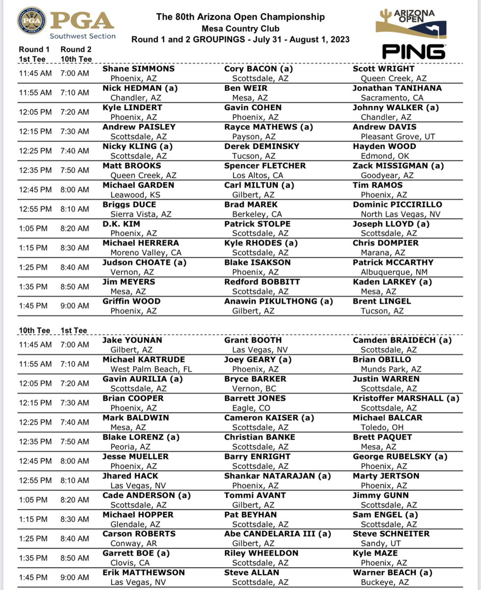 SWSectionPGA's tweet photo. Groupings & starting times for rounds 1 & 2 of the 80th Arizona Open Championship presented by @PingTour, July 31 to August 2 at @mesacountryclub. Live leaderboard - https://t.co/jjXLJUIv7G. @PGA @SpoonerPT @acaseofthegolf1 #southwestpga #pga #arizonaopen #statechamp https://t.co/W7RRc90Vns