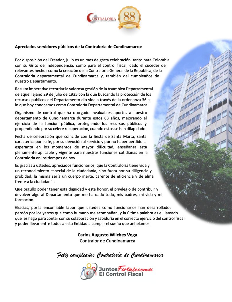 Contralcundinam's tweet photo. 🗒️Un día como hoy, hace 88 años, la Asamblea de Cundinamarca dio vida jurídica a la Contraloría de Cundinamarca. Damos gracias a los funcionarios de esta Entidad por seguir la senda del mejoramiento continuo en la protección de los recursos públicos del Departamento. https://t.co/fmN4ssDo8P