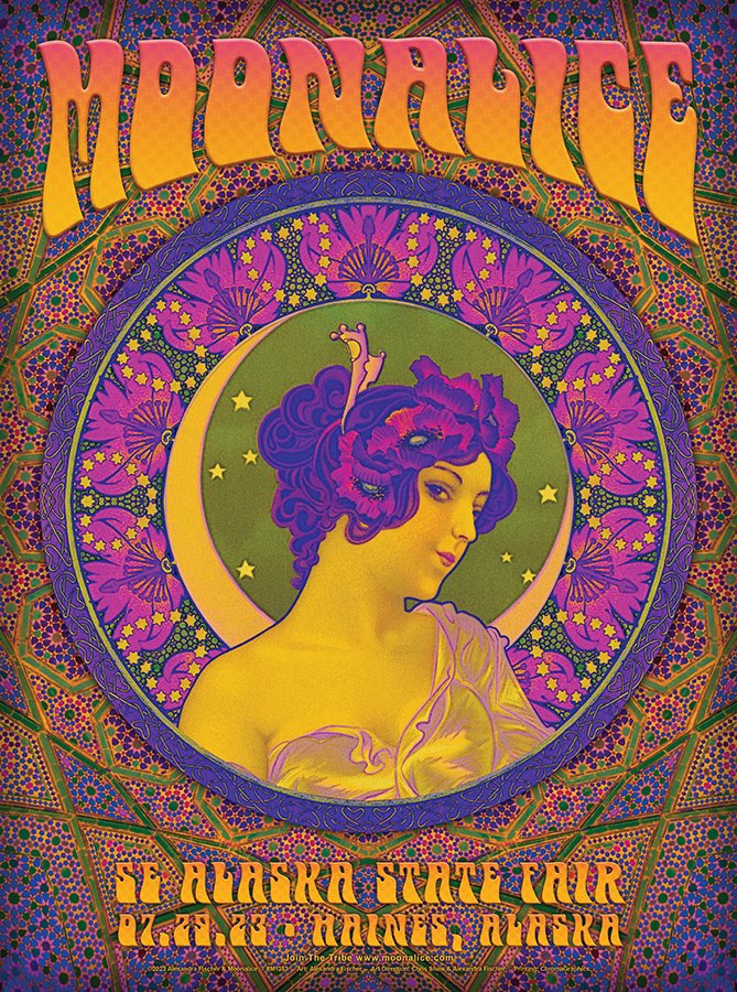 TONIGHT! Sat. 29 July! Moonalice will be rocking the Southeast Alaska State Fair!!! So wish I could be there in beautiful Alaska 😎🤗 - Come get your amazing free poster by me after the show! Hope you all like it. 

#Moonalice #psychedelicart #rockposters #gigposters #jambandart