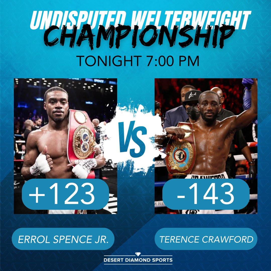 DDSportsAZ's tweet photo. This is the moment we’ve been waiting for! There will be a new undisputed welterweight world champion tonight. Who are you putting your money on? @ErrolSpenceJr or @terencecrawford ?
#boxing #premierboxing #showtimeboxing #sportsbook https://t.co/ma6eaYdfok