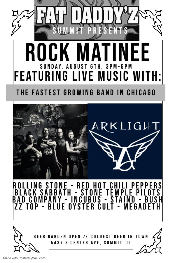 arklightchicago's tweet photo. Sunday Rock Matinee at Fat Daddyz Summit August 6th 3 to 6 pm. #chicago  #classic #coverband #rocknroll https://t.co/wEPNOsmR9s