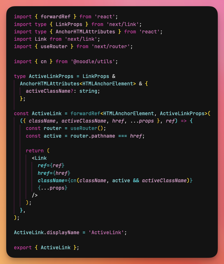 ixahmedxii's tweet image. 📢 Next.js tip:
Here's a lil cute component perfect for navbar type of links where the styles change if the url is the same as the href (active links)