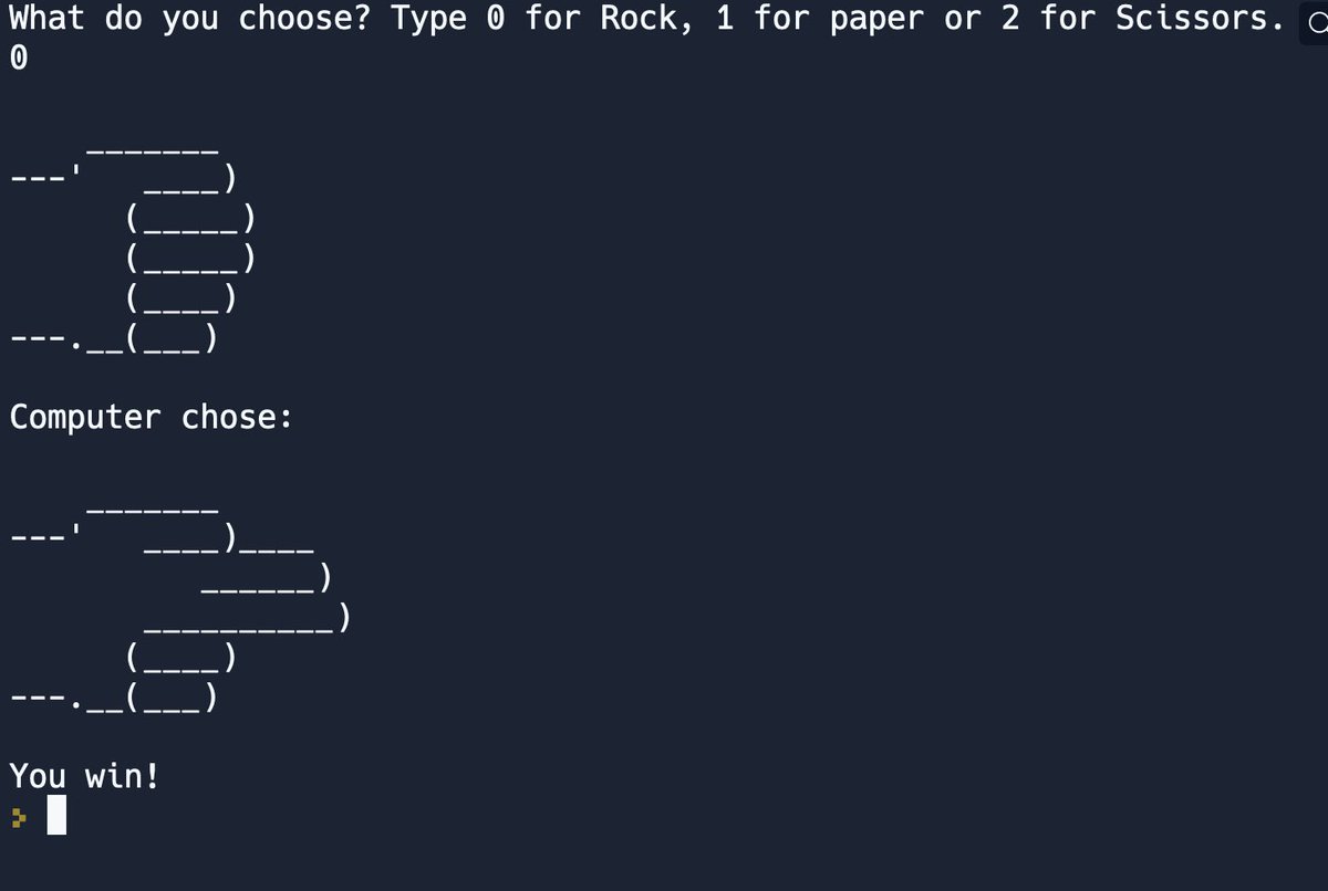 _addinator_'s tweet photo. Day 13 #100DaysOfCode 

Made a simple rock paper scissors game. https://t.co/Pv76tY0m9X
