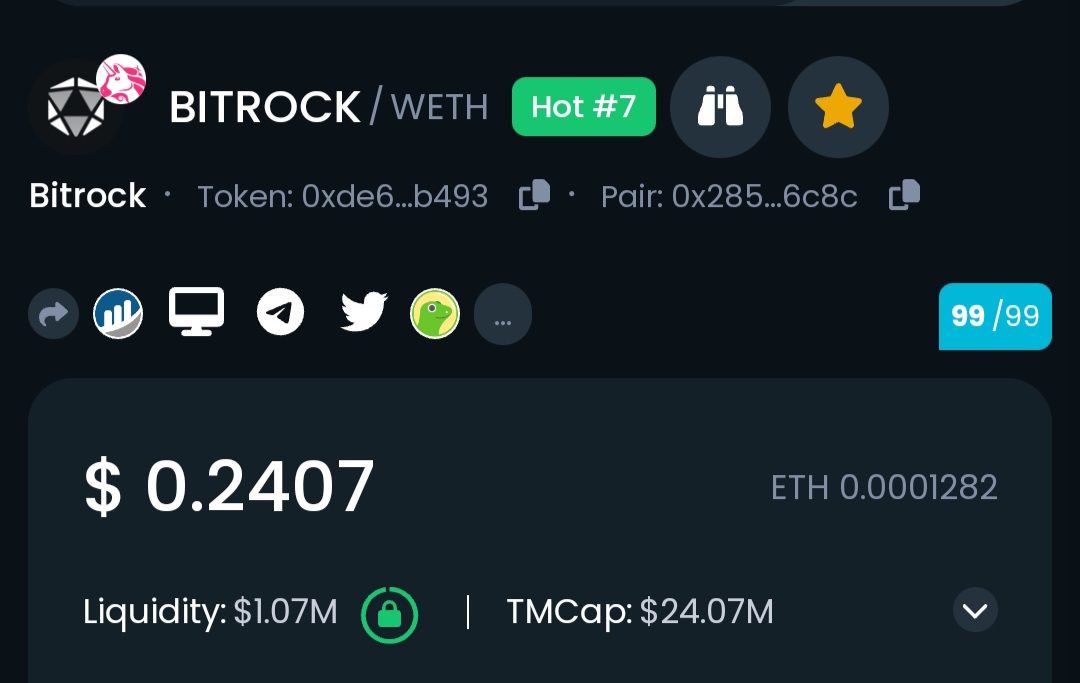 We are #7 trending on #dextools

Let's get to top 3, click all social media buttons show on the image!

dextools.io/app/en/ether/p…

#bitrock #blockchain #layer2 #crypto