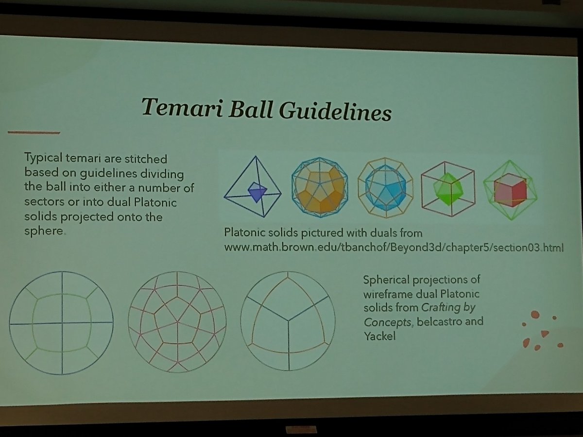 msmathcomp's tweet photo. First afternoon talk of this day at @BridgesMathart is by Carolyn Yackel. She's speaking about her part of the #mathalchemy project, where she represented the Catalan solids by #Temari balls, which results in some beautiful #MathArt. Find all details here: https://t.co/SUT9tGpscW https://t.co/xTOdQE5Bry