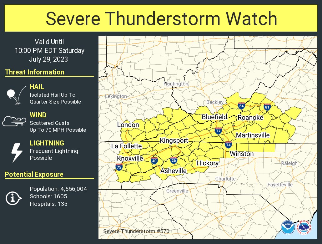 A severe thunderstorm watch has been issued for parts of Kentucky, North Carolina, Tennessee, Virginia and West Virginia until 10 PM EDT