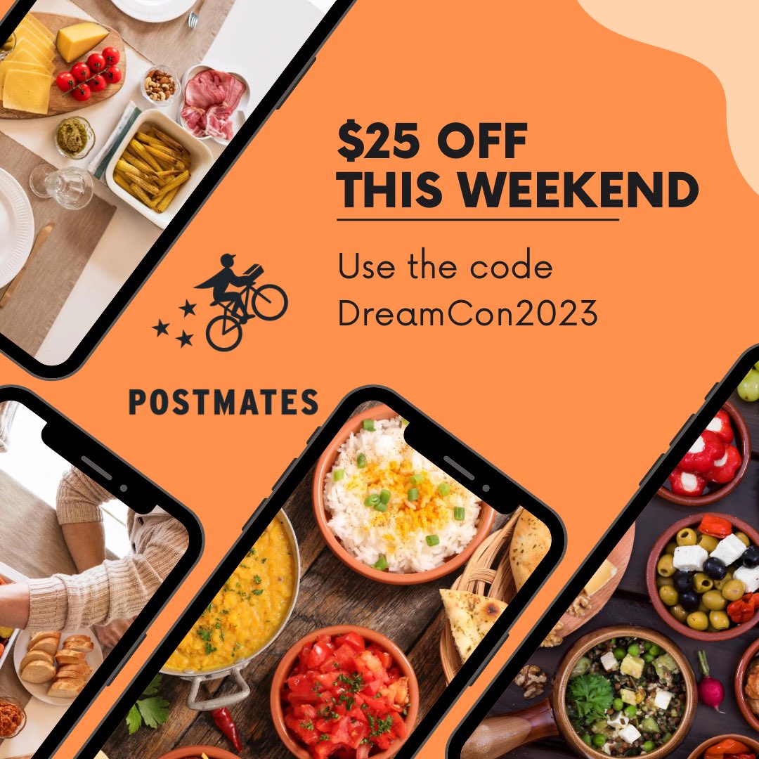 djhellayella's tweet image. If you are in Austin &amp;amp; want  free food use the promo code DreamCon2023 and get $25 off your postmates order

￼-Yes you have to order it on the Postmates app.
￼ -No you don’t have to be attending Dream Con.
￼-Yes, you can be a previous customer OR a new customer.