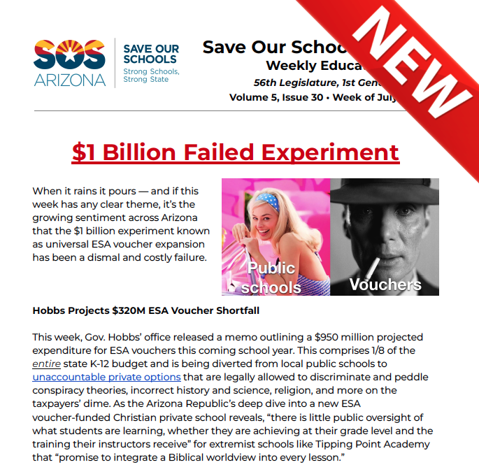 💰 Gov. Hobbs signals $320M voucher shortfall will break AZ’s budget 👨‍👩‍👧‍👦 AG Mayes warns parents they lose rights & protections with vouchers ❌ ADE voucher head resigns amidst chaos 🕵️ Homeland Security investigates AZ’s voucher program Details @ bit.ly/July31EdReport