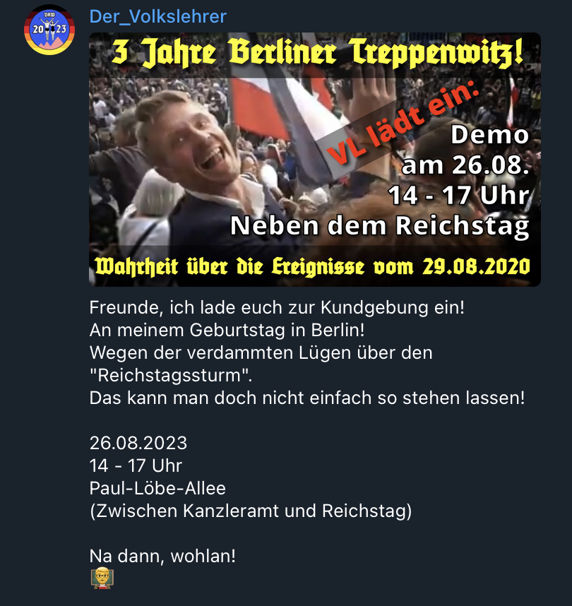 VolkslehrerD's tweet photo. Nach der Solo Demo in #Solingen hat ihn der #Grössenwahn gepackt. Nerling hat am 26.08. ne Demo am #Kanzleramt angemeldet. Thema der #Reichstagssturm sollte das stattfinden muss Berlin Gesicht zeigen und diesem #Neonazi etwas entgegensetzen. Kommt zahlreich! https://t.co/9slD5DRvwe