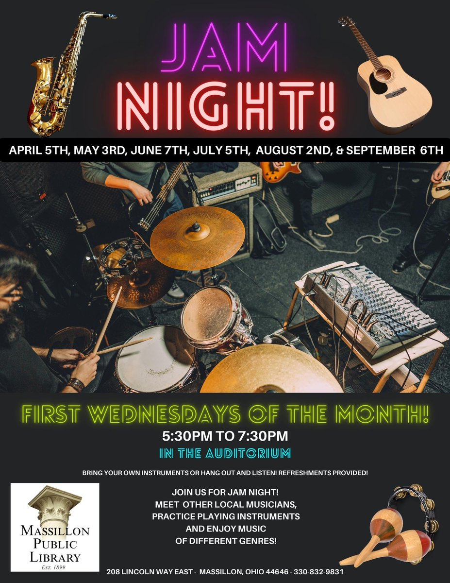 Wednesday, August 02
5:30pm - 7:30pm

Jam at the Massillon Public Library on the first Wednesday on the Month!

Registration requested:
massillonlibrary.libnet.info/event/8023653