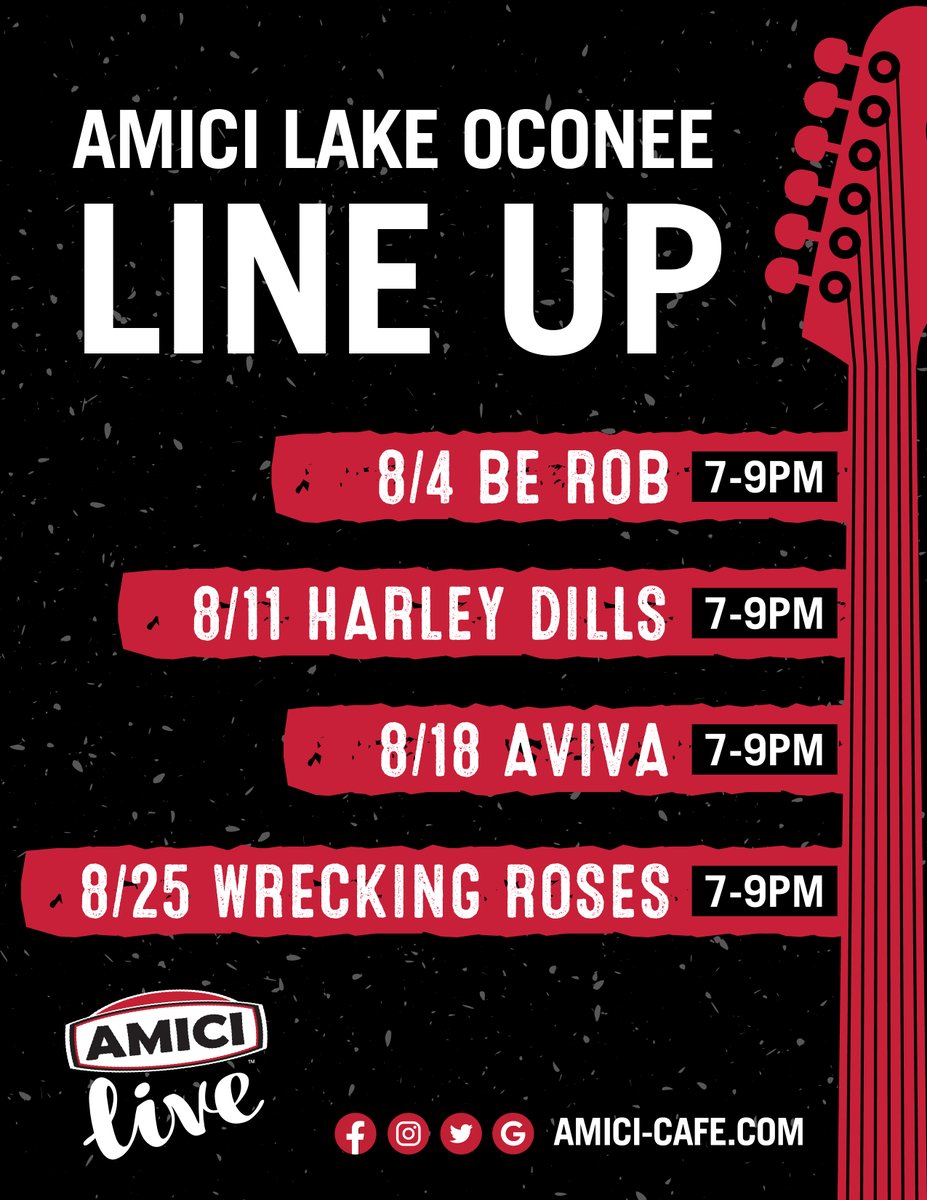 AmiciLakeOconee's tweet photo. CHECK OUT OUR AUGUST #AmiciLIVE LINEUP! π€© πΆ
Join us EVERY WEEK for live music at #AmiciLakeOconee! π€
#Amici #LakeOconee #LKO #Georgia #PizzaWingsFriends #foodie #music #local #musician #livemusic #performance #July #fun #fridaynight #saturdaynight #LakeOconeeLiving https://t.co/99RP08JlIj