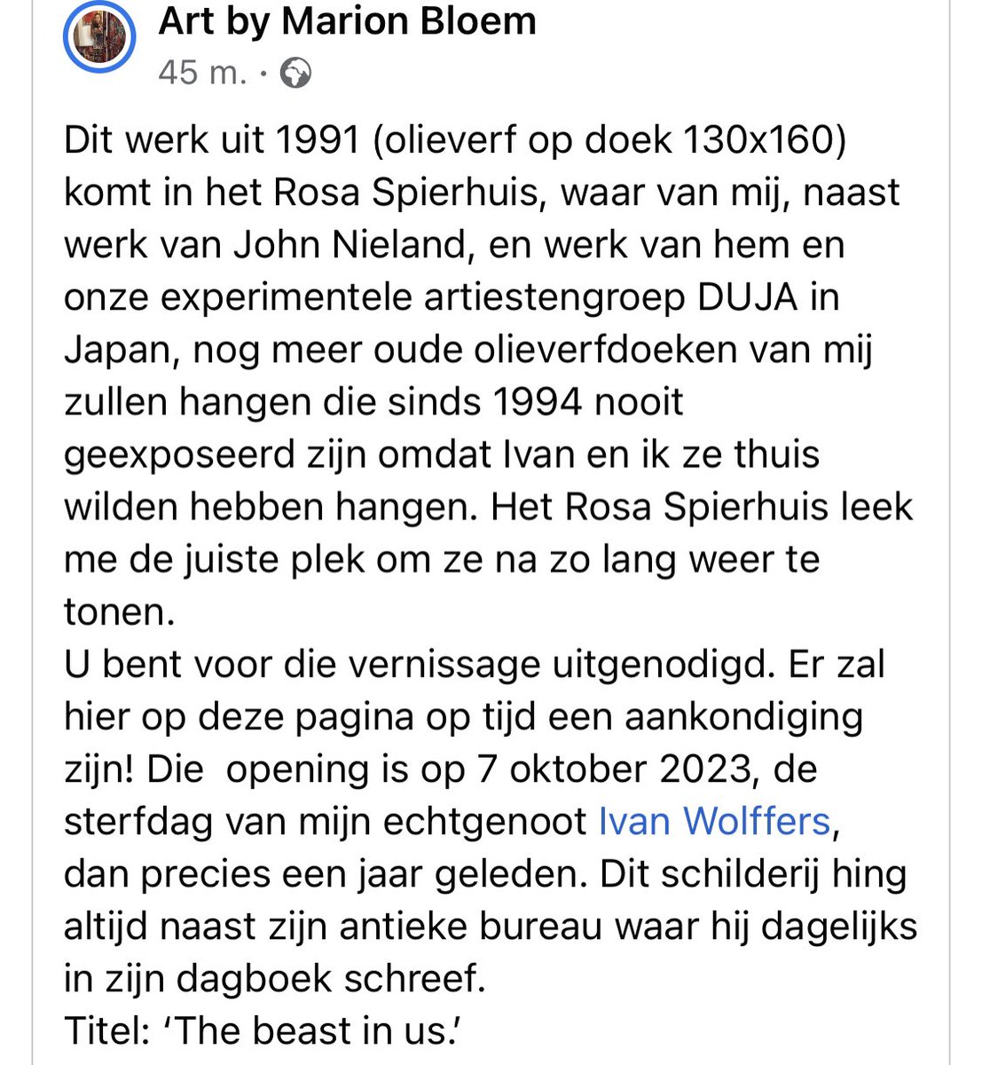MarionBloem's tweet photo. Heb er even diep over nagedacht, maar mijn oude olieverfschilderijen uit 1991 die Ivan en ik koesterden in ons eigen huis mogen in het Rosa Spierhuis hangen, met de opening van de expositie precies een jaar na zijn overlijden, op zijn sterfdag. #DUJA https://t.co/oxKwBbZlce