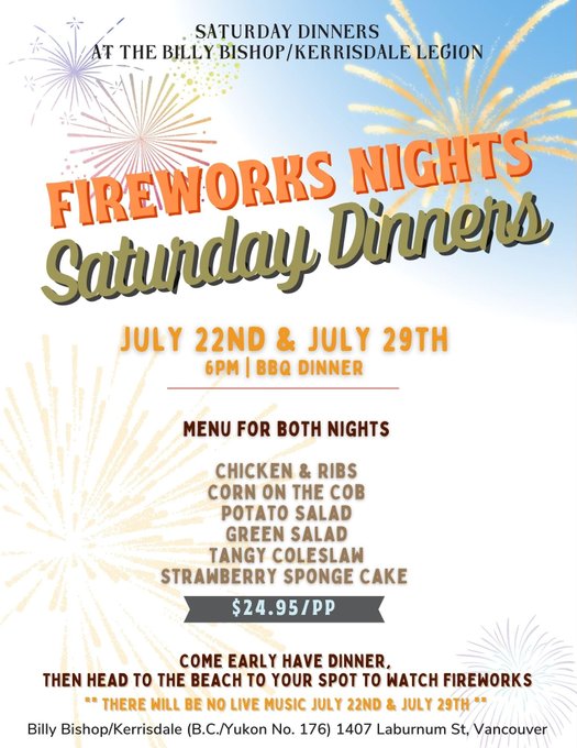 TheBillyRCL176's tweet photo. Tonight leave dinner to us before going to see the #fireworks! We're serving BBQ ribs, grilled chicken, potato salad, coleslaw, spring greens & dessert for $24.95 pp. Dinner starts at 6:00 P.M. We advise calling the Branch to RSVP. #Neighbours #KitsPoint #Vancouver #DineOut #YVR https://t.co/Ifa9P5ym9b
