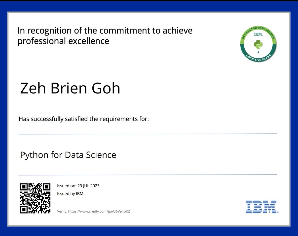 ZehBrien's tweet photo. ๐ Excited to share that I've just completed the transformative "Python 101 for Data Science" course offered by @IBM on the @CognitiveClass platform! ๐๐ฅ
#pythonprogramming #dataanalytics #data #code #LearningJourney #DataAnalysis
#IBM #CognitiveClass #DataScienceCourse #Python https://t.co/8EBfK8F0FI