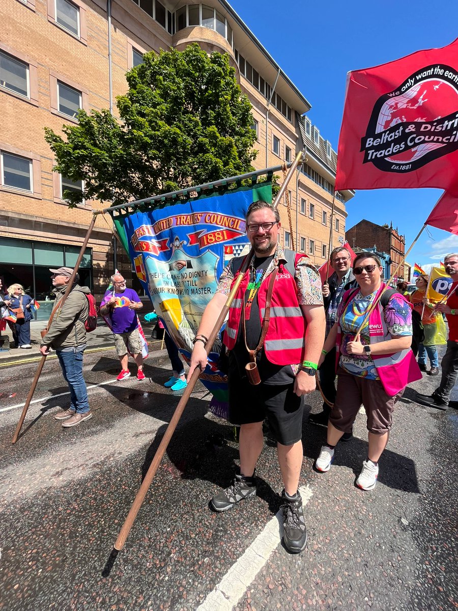PCS N Ireland celebrating and protesting at #BelfastPride #StandByYourTrans. Feeling the love and solidarity. @pcs_union @pcs_proud @NIC_ICTU @BDTUC