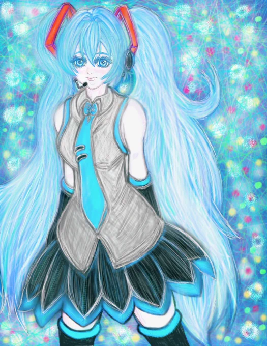 完成です! 初音ミクを描いたつもりです 初めてのデジタルイラスト作品です 正直レイヤーを使うのも初めてで塗り方も適当にやりました もっと他の絵描きさんのイラストや動画を見て何回も練習する必要がありますね #イラスト #初音ミク #イラスト成長記録 #イラスト好きな人とつながりたい