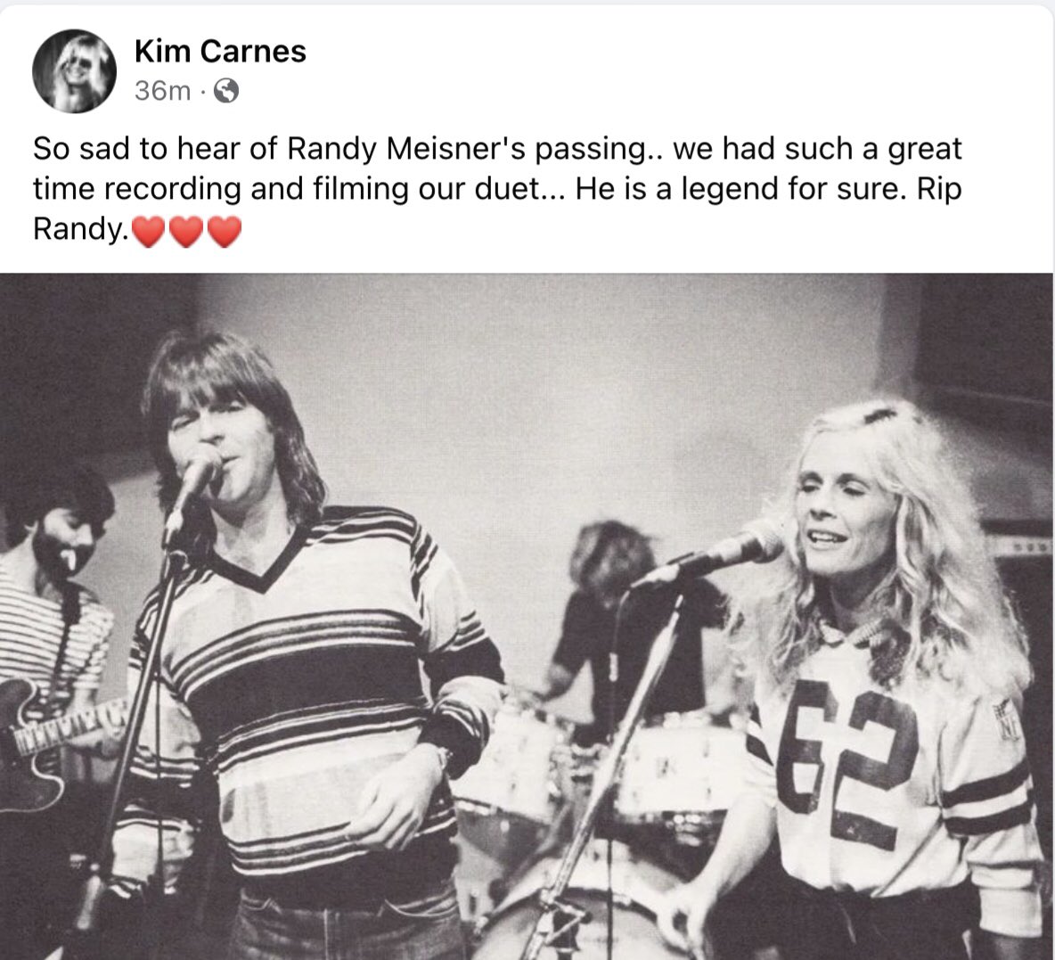 jdkunes's tweet photo. Kim Carnes on Facebook on the passing of Randy Meisner. Kim sang background vocals on the song "Deep Inside My Heart," which can be found on Randy’s second studio solo album, One More Song. #RIPRandyMeisner https://t.co/7cPaD0Woeb