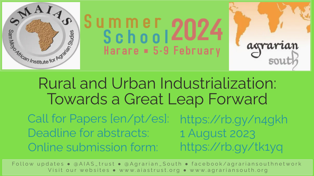 DEADLINE FOR ABSTRACTS: TUESDAY, 1st AUG. 
SMAIAS-ASN SUMMER SCHOOL 2024
- Call for abstracts/ Chamada de trabalhos/ Convocatoria 
- Join us for this important research collaboration on industrialization today.
- Submit abstracts online: rb.gy/tk1yq
