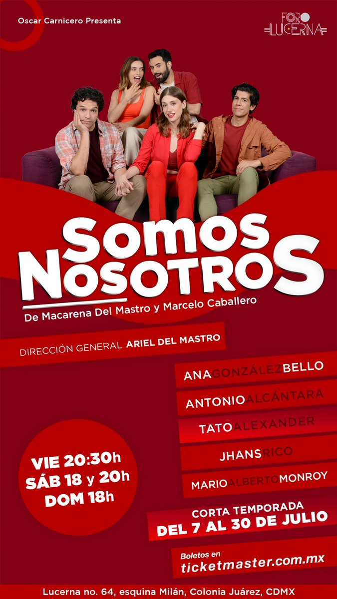 Queremos que este sea un fin de mes de Teatro. Por eso ahora daremos 10 pases dobles para esta obra del Foro Lucerna. Es HOY a las 18 horas.  ¿Les da tiempo?  Respondan con su mombre completoy listo!!