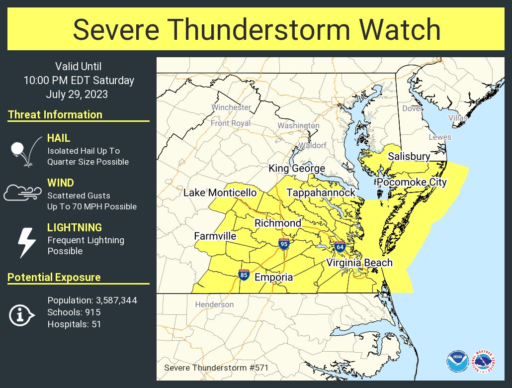 A severe thunderstorm watch has been issued for parts of Maryland and Virginia until 10 PM EDT