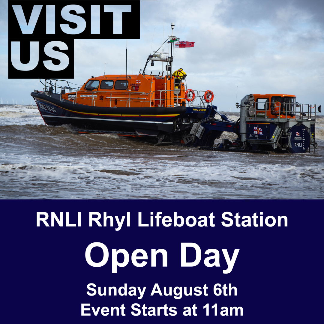 RNLI RHYL OPEN DAY 2023 Join us on Sunday 6th August for our first Open Day in a number of years. Tour the lifeboats, the station and meet the team. Other stands and displays will be in the area around the station.
