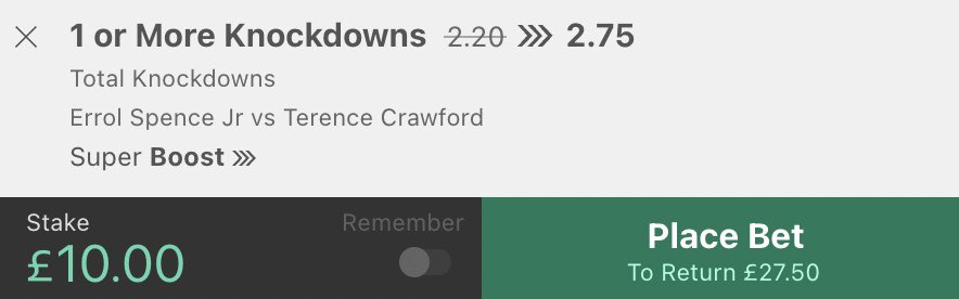 Stan4Chain's tweet image. Errol Spence Jr v Terence Crawford 🥊

🔹Stake £10 on there to be 1 or more knockdowns on Bet365 🟢

🔹Stake £11 on there to be under 0.5 knockdowns on Sky Bet 🔵

🔹Risk Free shot at £6.50 🔥

#Boxing #DAZN #ErrolSpence #TerenceCrawford
