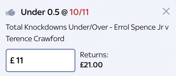 Stan4Chain's tweet image. Errol Spence Jr v Terence Crawford 🥊

🔹Stake £10 on there to be 1 or more knockdowns on Bet365 🟢

🔹Stake £11 on there to be under 0.5 knockdowns on Sky Bet 🔵

🔹Risk Free shot at £6.50 🔥

#Boxing #DAZN #ErrolSpence #TerenceCrawford