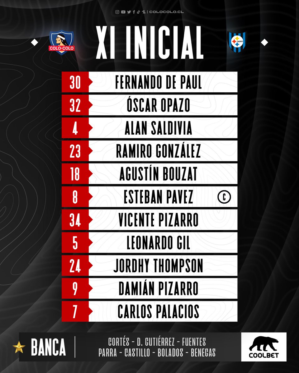ColoColo's tweet photo. • 𝐗𝐈 𝐓𝐈𝐓𝐔𝐋𝐀𝐑 @coolbetchile •

Aquí está la formación de Colo-Colo para el duelo ante Huachipato en una nueva fecha del Campeonato Nacional 🏁

#VamosColoColo • #vamosportodo https://t.co/VyoH7VBRo3