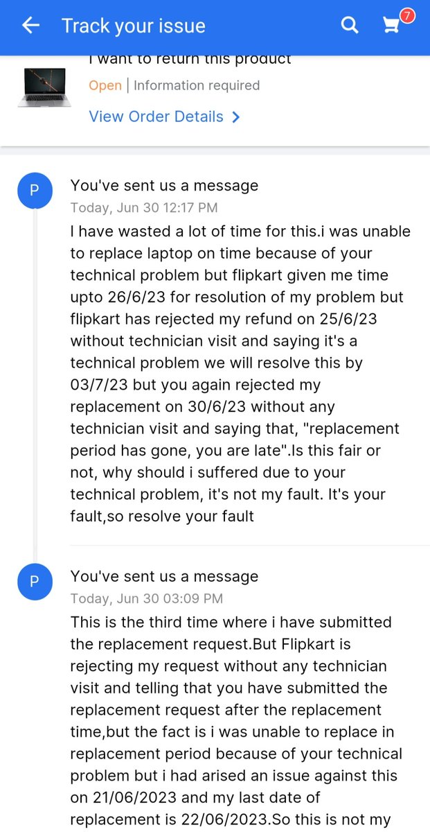 ankit_k_ydv's tweet photo. @Flipkart @flipkartsupport 
I have already arise an issue for replacement in replacement period and because of technical problem flipkart give me time to resolve my problem but after waiting flipkart provide me schedule for technician visit but cancel my return without tech visit https://t.co/tuj5jhmlDS