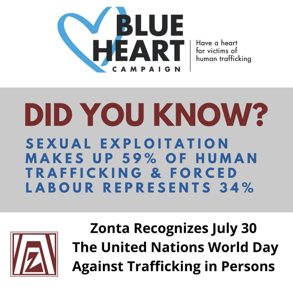 zontahamilton1's tweet photo. Reach every victim of trafficking, leave no one behind!
July 30 is the World Day Against Trafficking in Persons.
In response, we urge you to follow our Blue Heart Campaign alongside the United Nations and wear blue on July 30th💙
#EndHumanTrafficking #BlueHeartHT #ZontaCanada https://t.co/tnYcjbNrC6