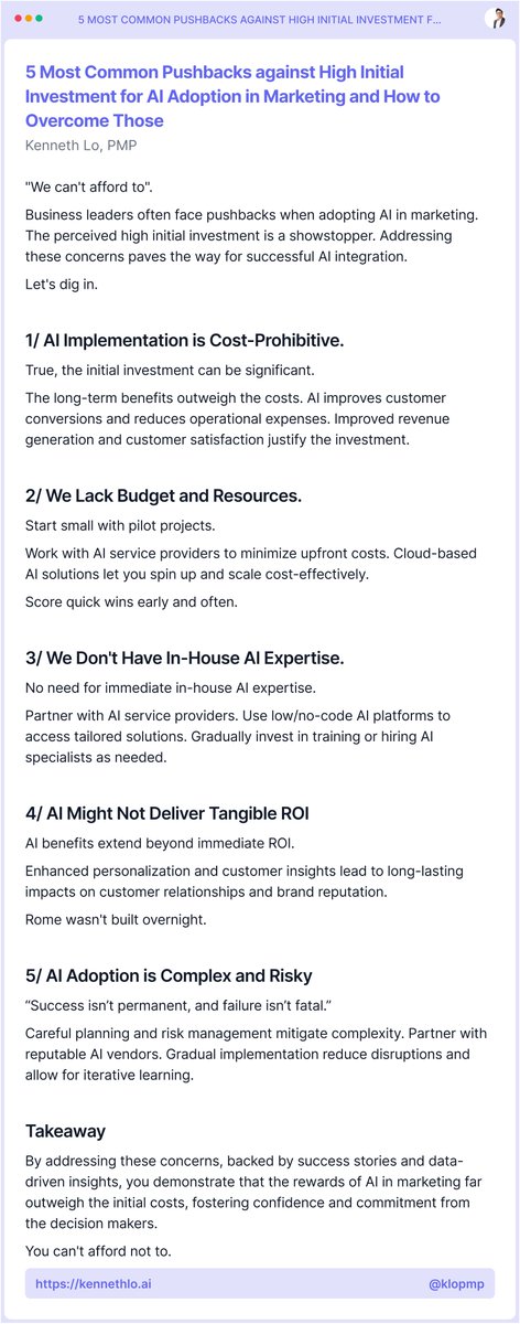 kloventures's tweet image. 5 Most Common Pushbacks against High Initial Investment for AI Adoption in Marketing and How to Overcome Those

#ai #marketing #pushback