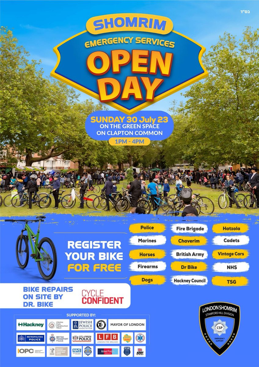 Shomrim (London North & East) (@shomrim) on Twitter photo 🚨 Exciting news! 🎉
Join us this coming Sunday, 30th July 2023 from 1-4pm, at the Shomrim Emergency Services Open Day. Experience a day of community spirit amidst the beautiful green space of Clapton Common E5 9AA.
Connect with @MetPoliceUk, <a href="/LondonFire/">London Fire Brigade</a>, <a href="/MetTaskforce/">Met Police Taskforce</a>, 🚨 Exciting news! 🎉
Join us this coming Sunday, 30th July 2023 from 1-4pm, at the Shomrim Emergency Services Open Day. Experience a day of community spirit amidst the beautiful green space of Clapton Common E5 9AA.
Connect with @MetPoliceUk, <a href="/LondonFire/">London Fire Brigade</a>, <a href="/MetTaskforce/">Met Police Taskforce</a>,