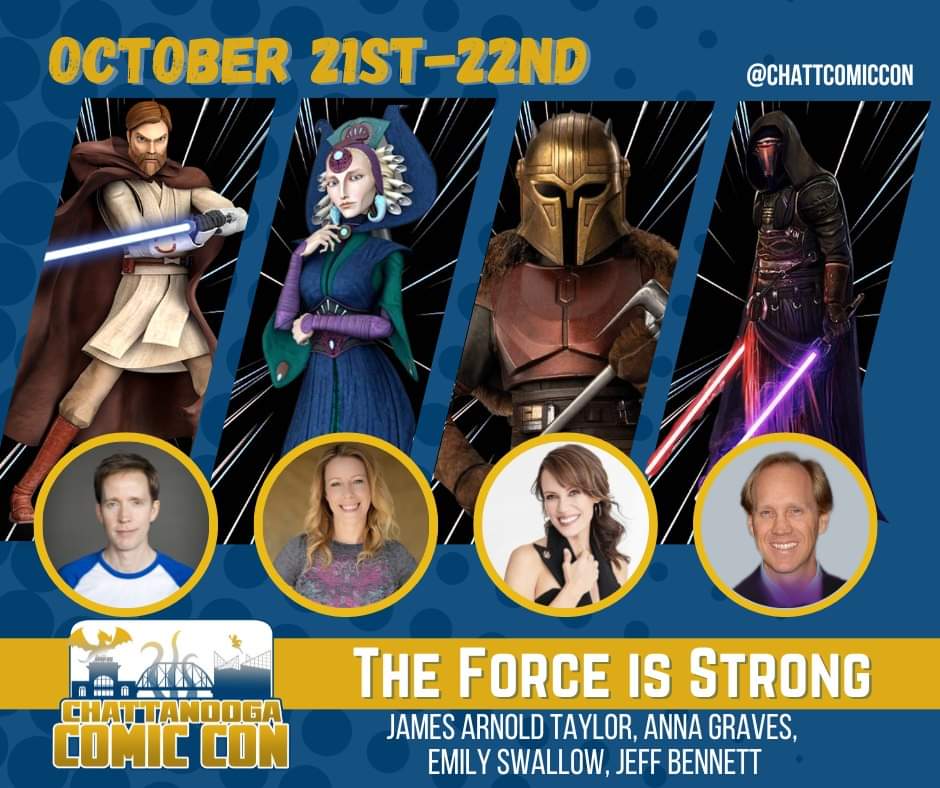 The force is strong with this lineup! Join us October 21st-22nd at #chattanoogacomiccon. 

#starwars #madalorian #Chattanooga #theclonewars #theoldrepublic #voiceactors #obiwan #darthrevan #armorer #satinekryze #obitine