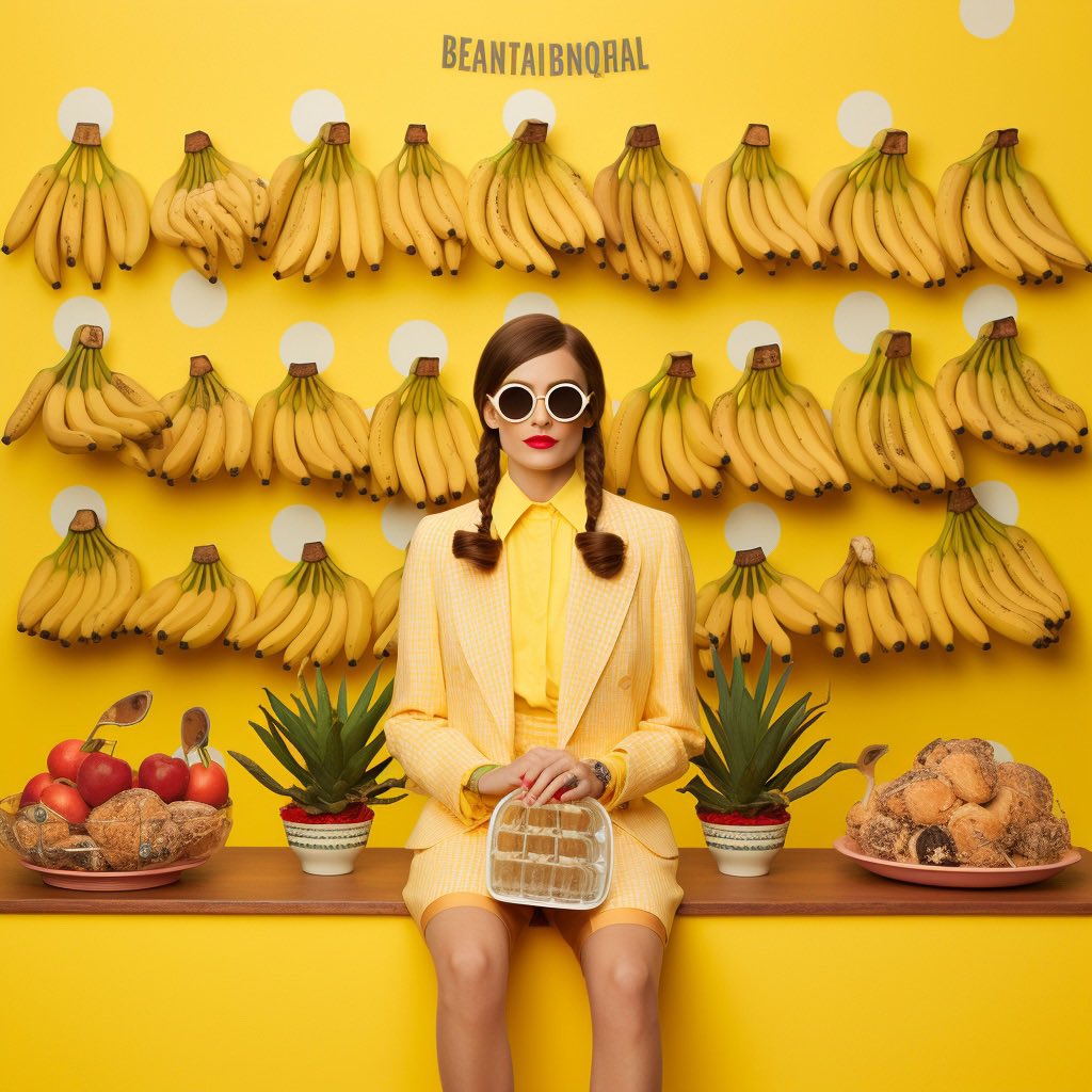 A_T_O_M_A's tweet photo. Bananawear: la ropa fashion inspirada en la Reina Mundial del banano. 世界のバナナ女王にインスピレーションを得たファッション衣料品。

El principal producto de exportación del Ecuador ahora es moda y diseño.

Idea: @nunoacosta 
Hecho en #midjourney 

#aiartcommunity  #aiartist https://t.co/bA7wFUYBgY