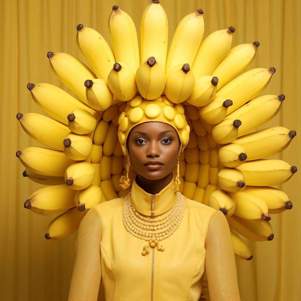 A_T_O_M_A's tweet photo. Bananawear: la ropa fashion inspirada en la Reina Mundial del banano. 世界のバナナ女王にインスピレーションを得たファッション衣料品。

El principal producto de exportación del Ecuador ahora es moda y diseño.

Idea: @nunoacosta 
Hecho en #midjourney 

#aiartcommunity  #aiartist https://t.co/bA7wFUYBgY