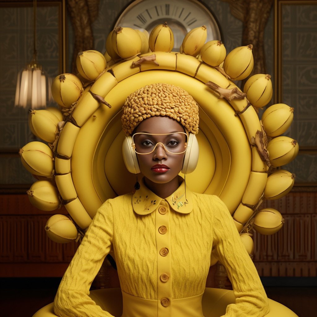 A_T_O_M_A's tweet photo. Bananawear: la ropa fashion inspirada en la Reina Mundial del banano. 世界のバナナ女王にインスピレーションを得たファッション衣料品。

El principal producto de exportación del Ecuador ahora es moda y diseño.

Idea: @nunoacosta 
Hecho en #midjourney 

#aiartcommunity  #aiartist https://t.co/bA7wFUYBgY