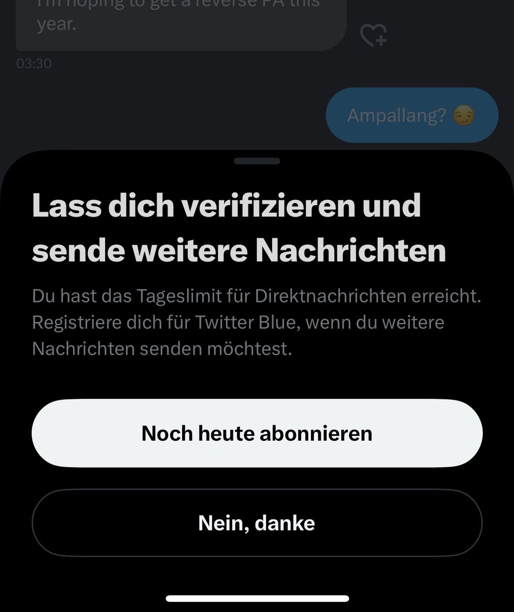 ParsiFFal's tweet photo. @tdcor 

What the fuck, it says I cannot send any more messages today 🤮 Sorry, let’s talk tomorrow… Have a good night 😋 https://t.co/qY8eUmIxxE