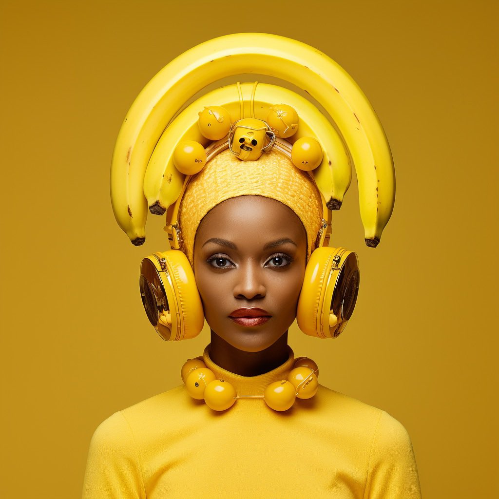 A_T_O_M_A's tweet photo. La corona de la reina mundial del Banano incluye audífonos. La reina con más onda del planeta, only in Ecuador.

El principal producto de exportación del Ecuador ahora es moda y diseño.

Idea: @nunoacosta 
Hecho en #midjourney https://t.co/EguKpbL0gs
