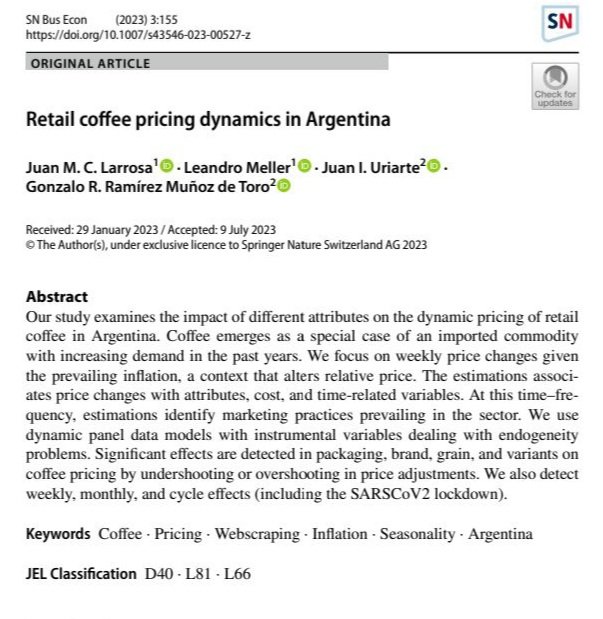 jlarrosa's tweet photo. Another IPC Online paper is published.
"Retail coffee pricing dynamics in Argentina" by @juaniuriarte @GonzaloRMDT #coffee #IPCOnline
https://t.co/BfpyjGOt3T https://t.co/ID5sjO8c59