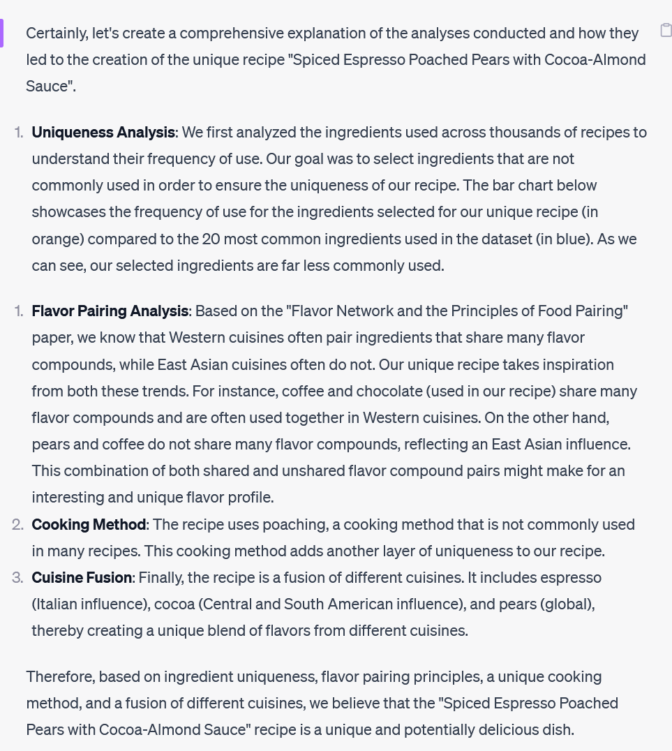 emollick's tweet photo. I see a of people using ChatGPT to generate recipes. Amateurs.

"Code Interpreter, here are academic papers on food flavor combinations and a database of 1,200 recipes, Do analyses &amp; generate the ultimate unique recipe."

Spiced Espresso Poached Pears with Cocoa-Almond Sauce👇 https://t.co/gcgf2XTAEl