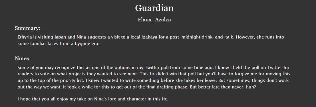 FlauxAzalea's tweet photo. I had hoped to post this in time before July 7 but life got in the way. Forgive the tardiness of this parting gift of sorts: a Nina-centric lore-inspired oneshot. I hope that you all enjoy it! 

Chapter Link: https://t.co/LWL5mFGAkh

#nijifics #NinaKosaka #Ethyria #DrawKosaka https://t.co/EnZNoVSR90