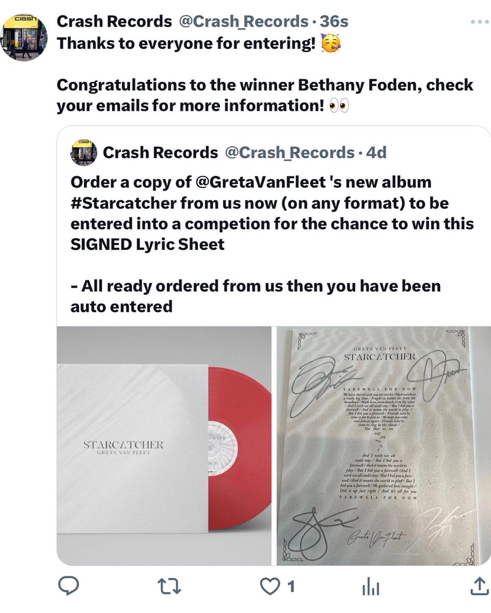 BethanyFoden's tweet image. Not me winning a signed lyric sheet from my favourite band! 😮 Thank you so much @Crash_Records and thanks to @GretaVanFleet and their team for sending some over here to the UK 🥰 #starcatcher #farewellfornow
