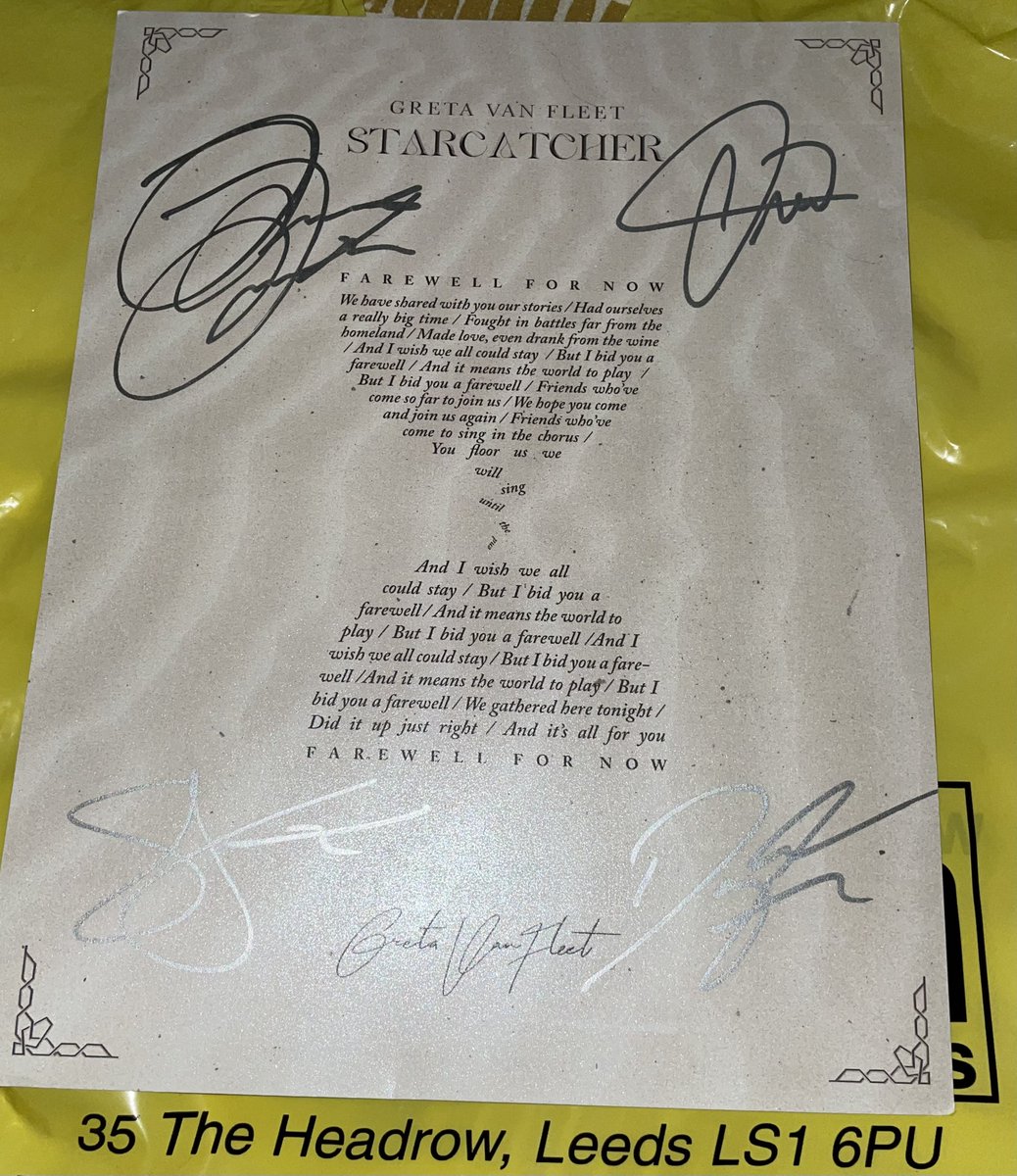 BethanyFoden's tweet image. Not me winning a signed lyric sheet from my favourite band! 😮 Thank you so much @Crash_Records and thanks to @GretaVanFleet and their team for sending some over here to the UK 🥰 #starcatcher #farewellfornow
