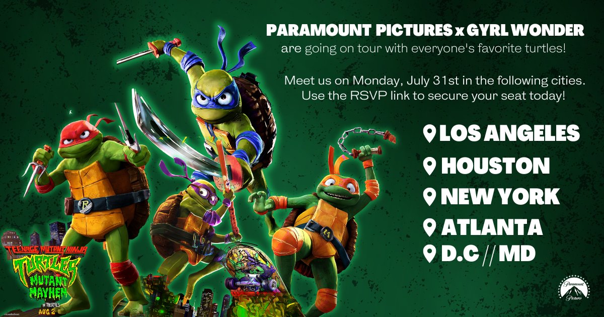 The gyrls are going on tour with everyone's favorite turtle bro's! NYC, ATL, Houston, LA and DC - meet us on Monday for a free screening of <a href="/TMNTMovie/">TMNT</a> with some of your favorite Gyrl Wonder HBCU Campus Queens! gyrlwonder.org/tmnt #MutantMayhem